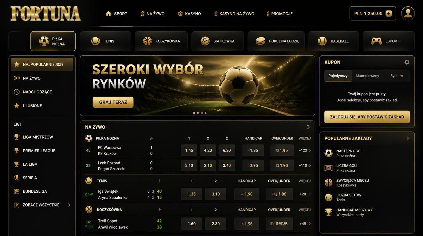 ekran z zakładami sportowymi – różne ligi i typy w Fortuna Casino