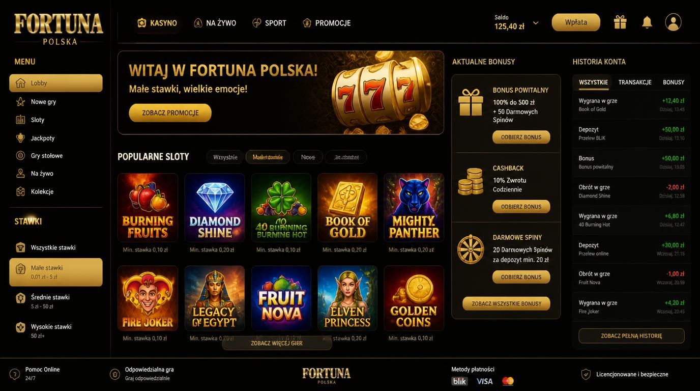 ekran aplikacji z ofertą małych stawek, bonusem i historią konta