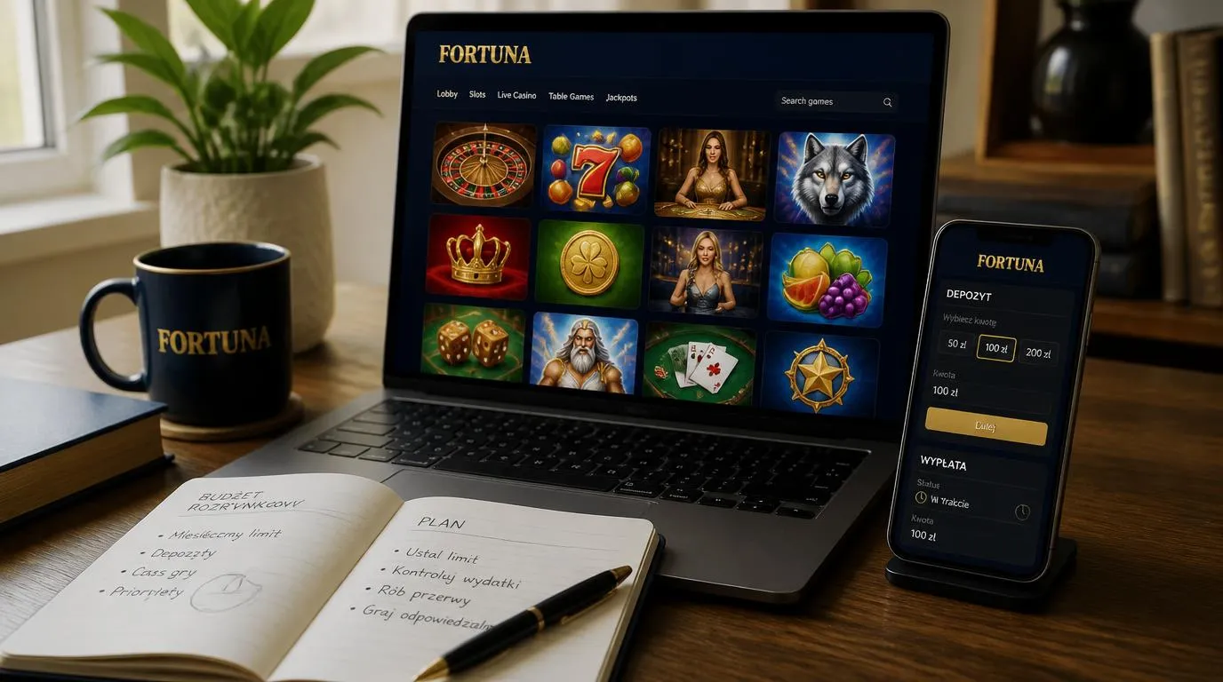 Laptop z biblioteką gier kasynowych obok telefonu z panelem płatności i notesu z budżetem rozrywki