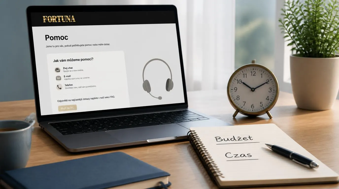 Laptop z czeskojęzyczną stroną pomocy oraz notes z zapisanym budżetem i czasem na rozrywkę