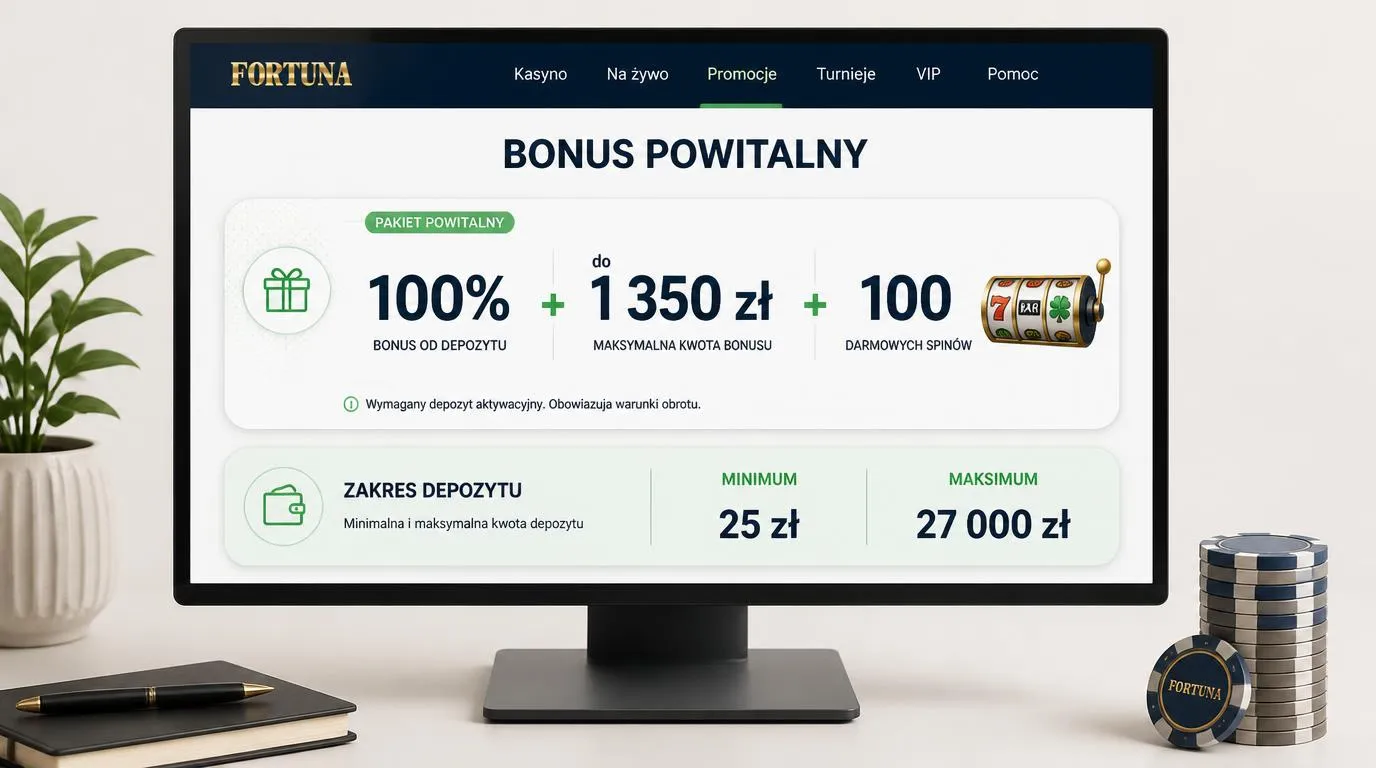 Panel bonusu powitalnego 100% do 1 350 zł i 100 darmowych spinów z zakresem wpłaty od 25 zł do 27 000 zł
